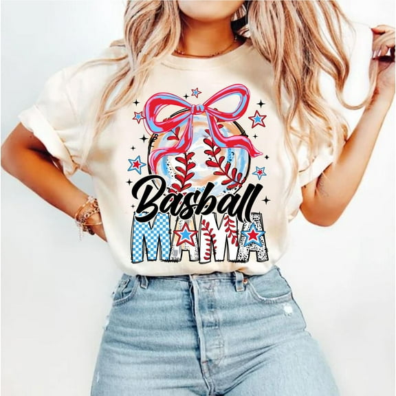 Baseball Mama Coquette T-Shirt, Brushstroke Baseball Tee, Game Day Baseball Shirt, Baseball Bow Shirt, Stars Doodle Baseball Mom