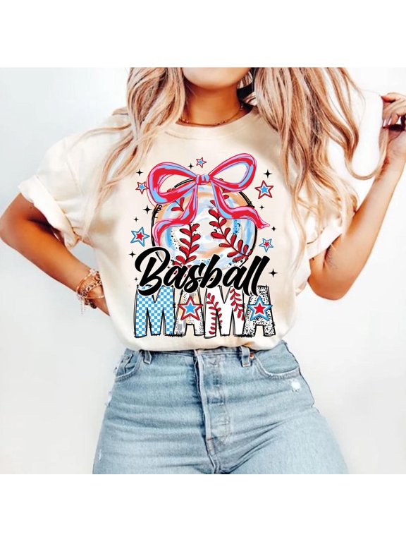 Baseball Mama Coquette T-Shirt, Brushstroke Baseball Tee, Game Day Baseball Shirt, Baseball Bow Shirt, Stars Doodle Baseball Mom