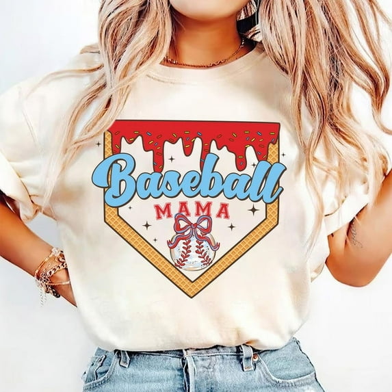 Baseball Mama T-Shirt, Ice Cream Drip Game Day Shirt, Cute Baseball Mom T-Shirt, Retro Sports Season T-Shirt, Summer Ballpark Outfit