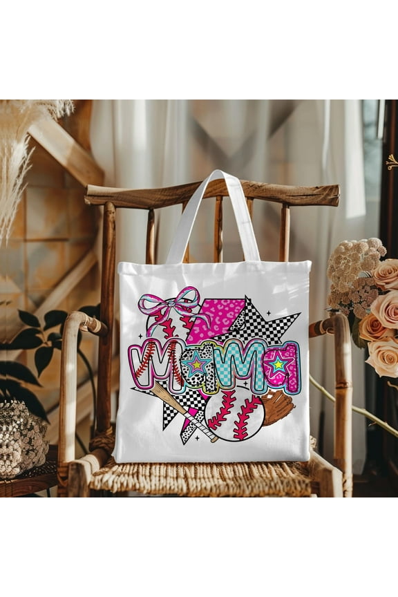 Baseball Mama Tote Bag Preppy Brushstroke Baseball Design, Baseball Bow, Game Day Sports Mom Gift, Reusable Cotton Canvas Bag