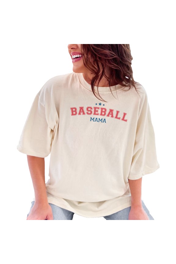 Baseball Mama in College or Varsity Font, Ivory Comfort Colors T-Shirt, Small