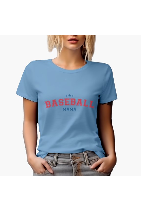 Baseball Mama in College or Varsity Font Merch Gift, Baby Blue T-Shirt, Small