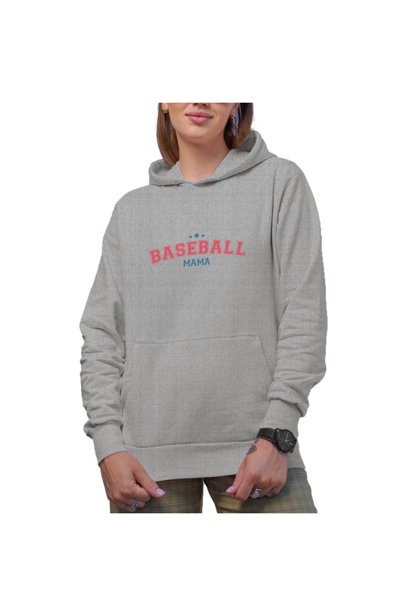 Baseball Mama in College or Varsity Font Merch Gift, Heather Grey Hooded Sweatshirt or Hoodie, Small