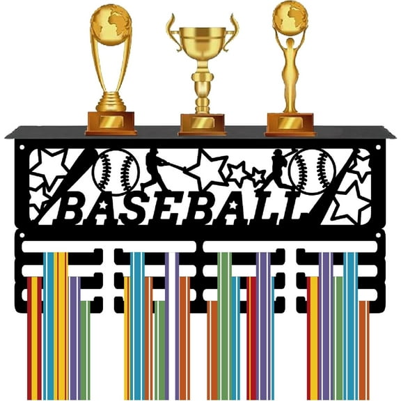 Baseball Medal Holder Sports Trophy Shelf with 3 Rows 12 Hooks Metal Award Hanger Display for Wall Mount Decor Hanging 60+ Medals Rack with Shelf for Storage Race Medalists 15.7x8x4 Inch