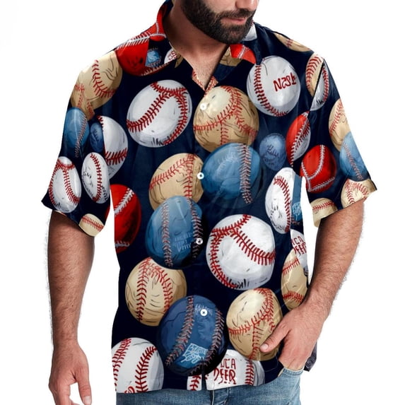 Baseball Men's Casual Poplin Printed Button Down Short Sleeve Summer Beach Shirts - Unisex