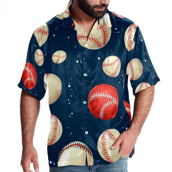 Baseball Men's Poplin Shirt, Casual Short Sleeve Printed Button Down Summer Beach Unisex Shirts