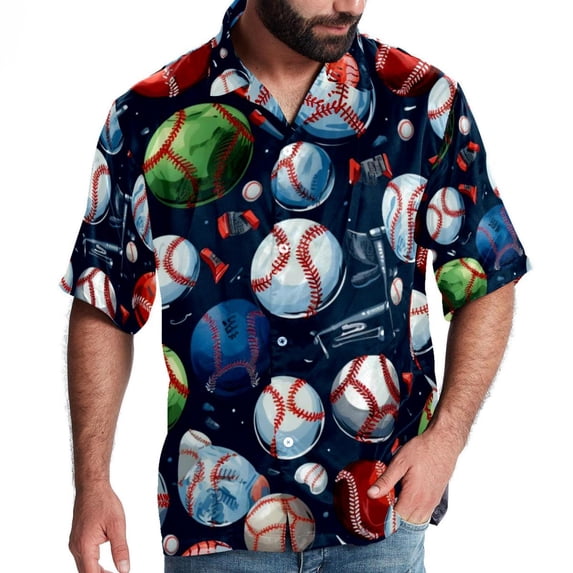 Baseball Men's Short Sleeve Button Down Hawaiian Shirts for Summer Beach Casual Printed Style