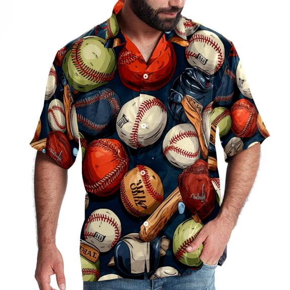 Baseball Men's Short Sleeve Casual Printed Button Down Beach Shirts