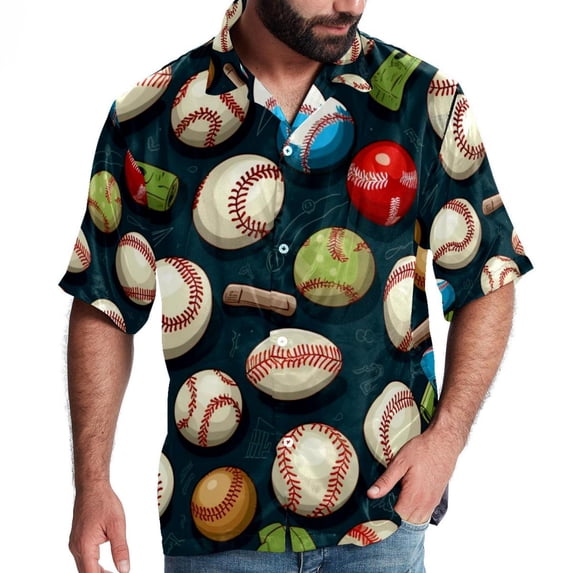 Baseball Men's Short Sleeve Poplin Shirt - Casual Printed Button Down Short Summer Beach Shirts Unisex940
