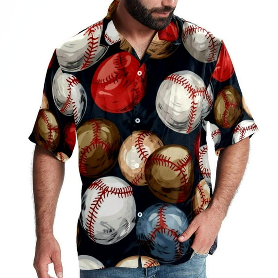 Baseball Men's Short Sleeve Shirts with Spread Collar Tops, Casual Printed Poplin Shirt, Button Down Short Summer Beach Shirts - Unisex