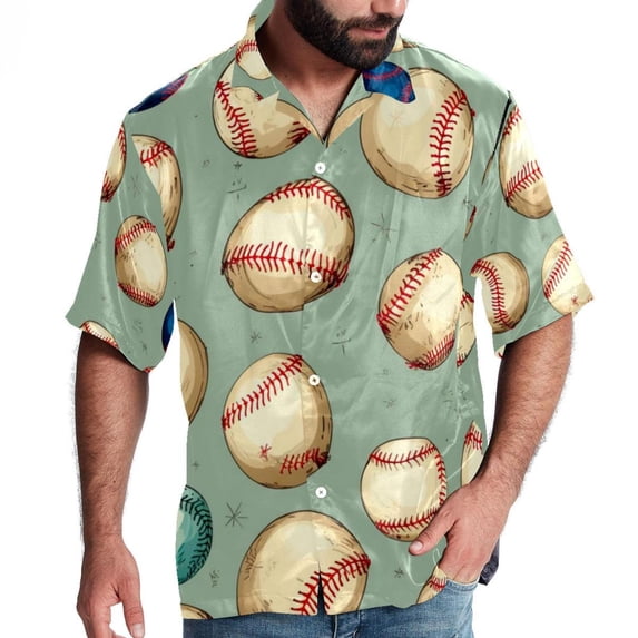 Baseball Men's Short Sleeve Spread Collar Hawaiian Shirts, Casual Printed Button Down Summer Beach Tops, Unisex Men's Shirts