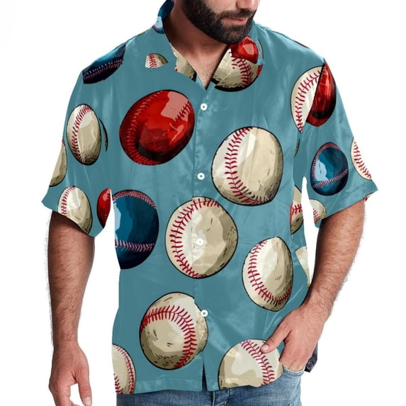 Baseball Men's Short Sleeve Spread Collar Poplin Shirt, Casual Printed Button Down Summer Beach Tops for Men, Unisex Comfortable Shirts