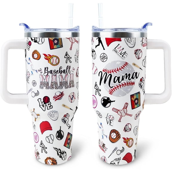 Baseball Mom 40 oz Tumbler with Handle and Straw Lid Leak Proof - Baseball Mom Tumbler for Mothers Day Gifts for Mom Women - Stainless Steel Cup Dishwasher Safe