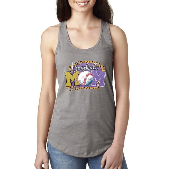 Baseball Mom Cheetah Glitter Sports Ladies Racerback Tank Top, Heather Grey, Small