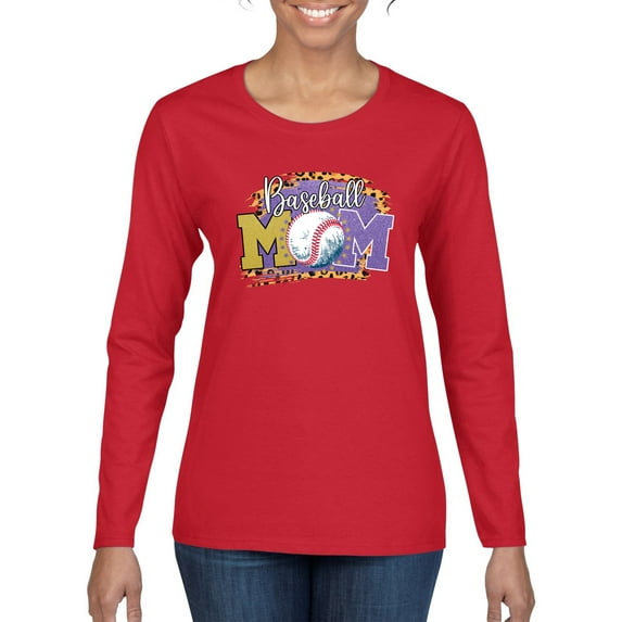 Baseball Mom Cheetah Glitter Sports Womens Graphic Long Sleeve T-Shirt, Red, Large