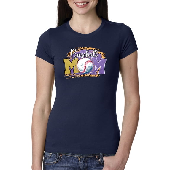 Baseball Mom Cheetah Glitter Sports Womens Slim Fit Junior Tee, Navy, Large