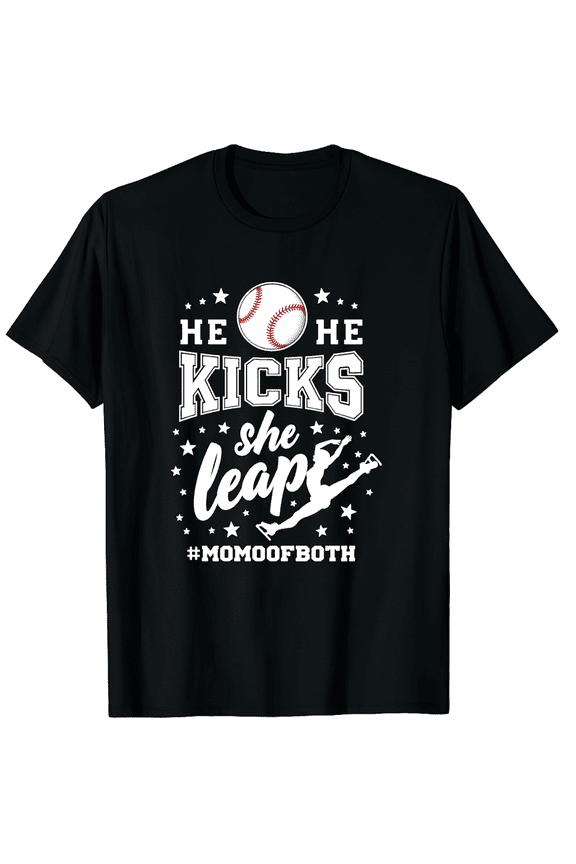 Baseball Mom He Kicks She Leaps Mixed Sports Graphic Short Sleeve T-Shirt for Women Men Fans Gifts