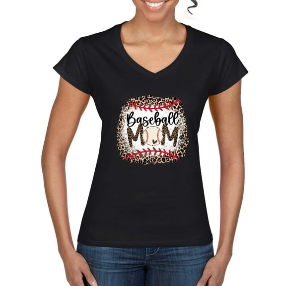 Baseball Mom Jaguar Print Sports Women's Standard V-Neck Tee, Black, Small