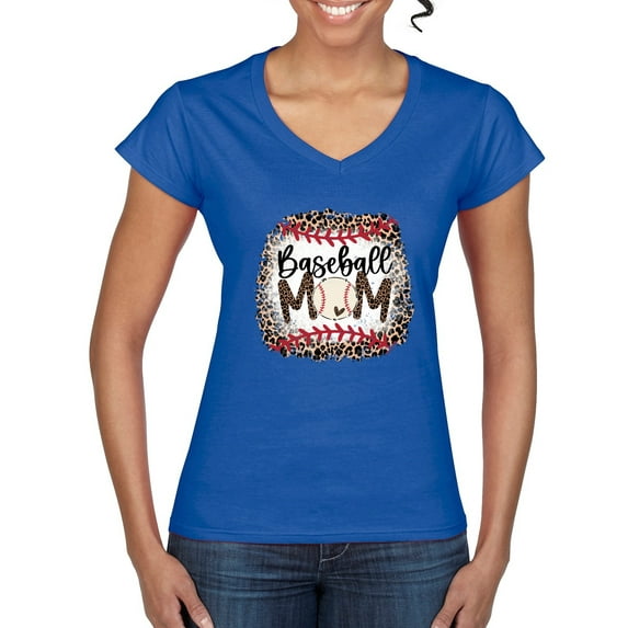 Baseball Mom Jaguar Print Sports Women's Standard V-Neck Tee, Royal, X-Large