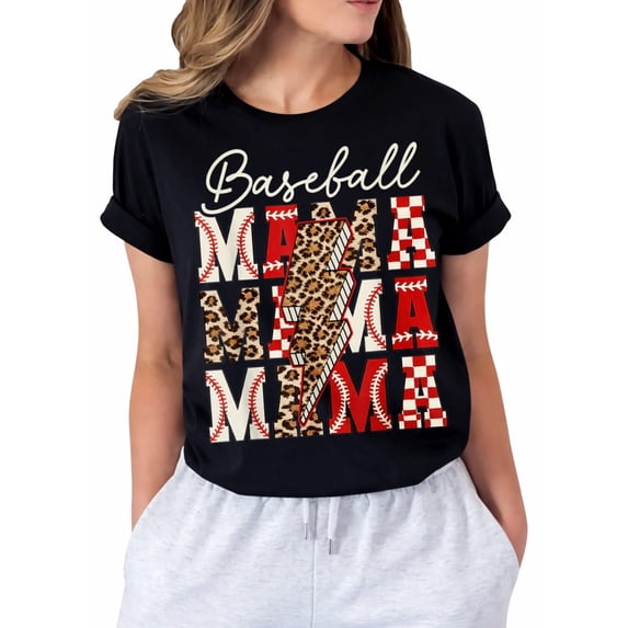 Baseball Mom Leopard Mama Graphic T-Shirt for Women, Casual Short Sleeve Crew Neck Tee