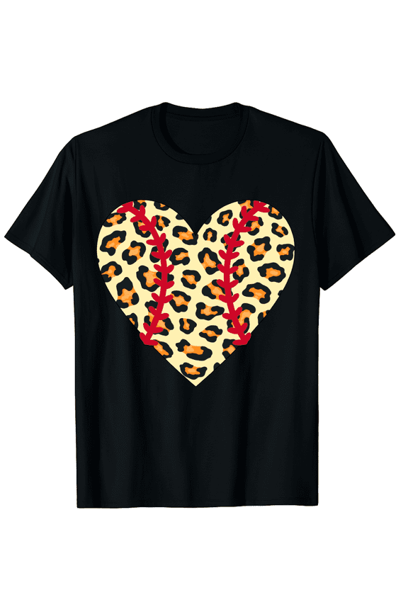 Baseball Mom Leopard Print Heart Laces Graphic Short Sleeve T-Shirt For Women Men Gifts