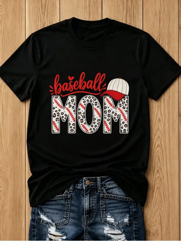 Baseball Mom Leopard Print Stitching Graphic Tee Shirt Casual Sports Fan Gift Cotton Men's Women's Tee Shirt