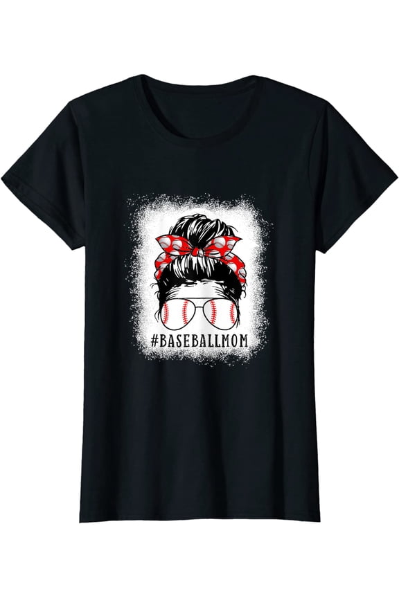 Baseball Mom Messy Bun Proud Mama Baseball Scarf Sunshades T-Shirt