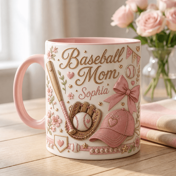 Baseball Mom Mug with 3D Effect Personalized Name Bat Glove Ball Bow Gift