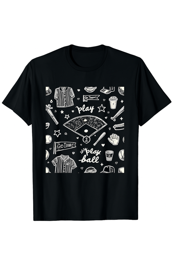 Baseball Mom Play Ball Doodle Pattern Funny Short Sleeve T-Shirt for Women Men Game Gift