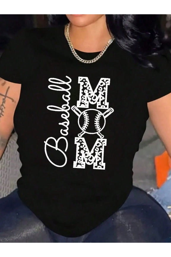 Baseball Mom Print Tee Cotton Plus Size Casual Short Sleeve Shirt, Breathable Perfect For Everyday Wear, 220g