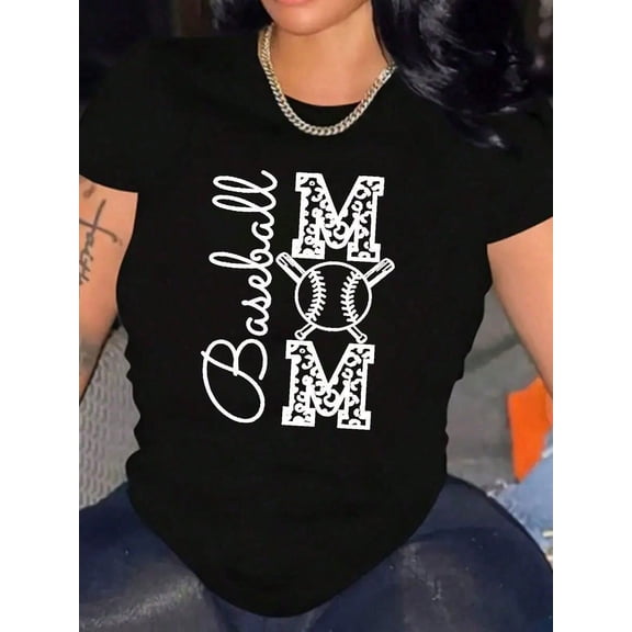 Baseball Mom Print Tee Cotton Plus Size Casual Short Sleeve Shirt, Breathable Perfect For Everyday Wear, 220g