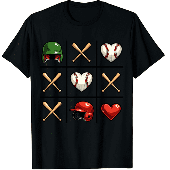 Baseball Mom Tic Tac Toe Game Heart Bat Graphic Short Sleeve T-Shirt For Women Gifts