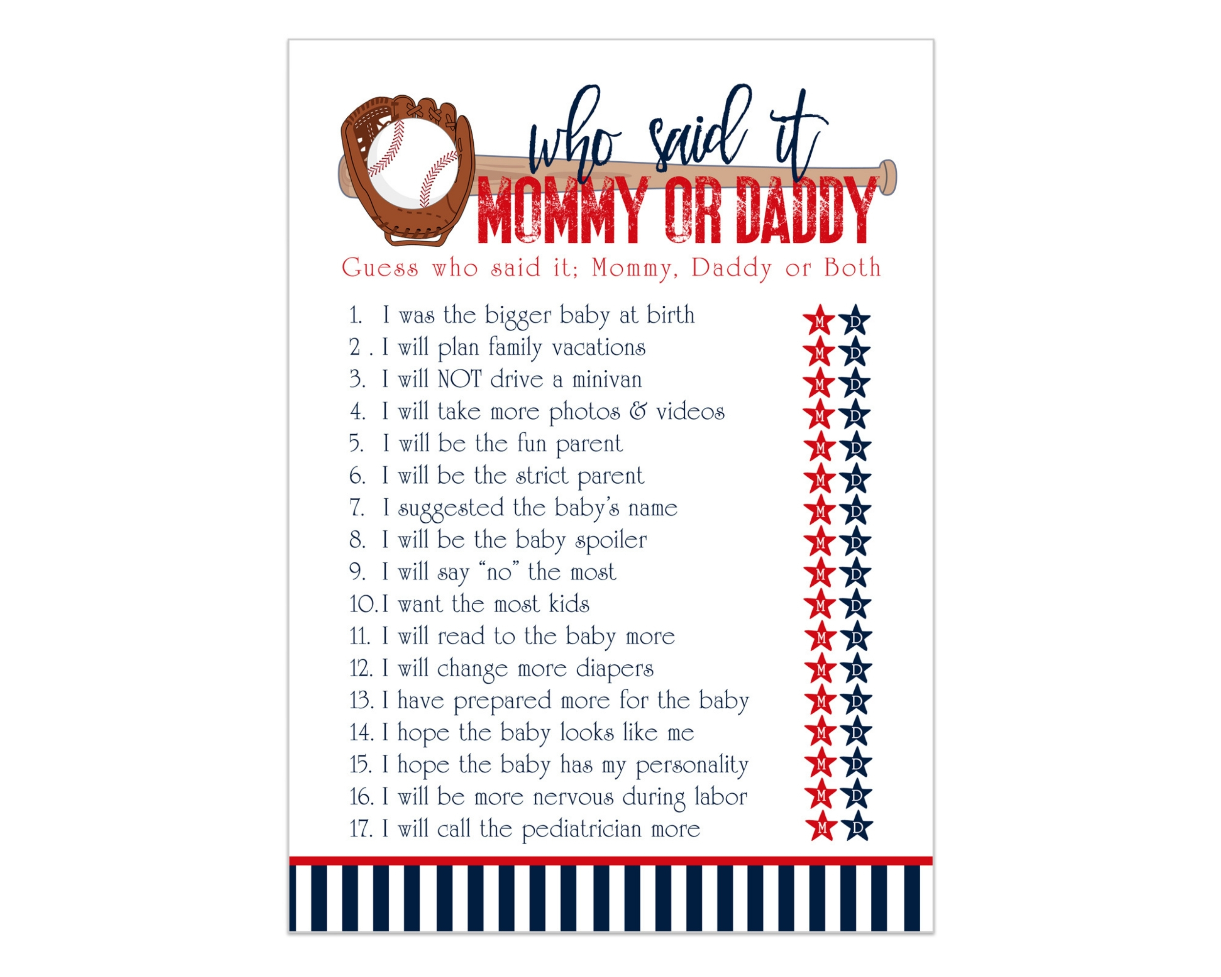 Baseball Mommy or Daddy Baby Shower Guessing Game 25 Card Pack Sports Themed Gender Reveal