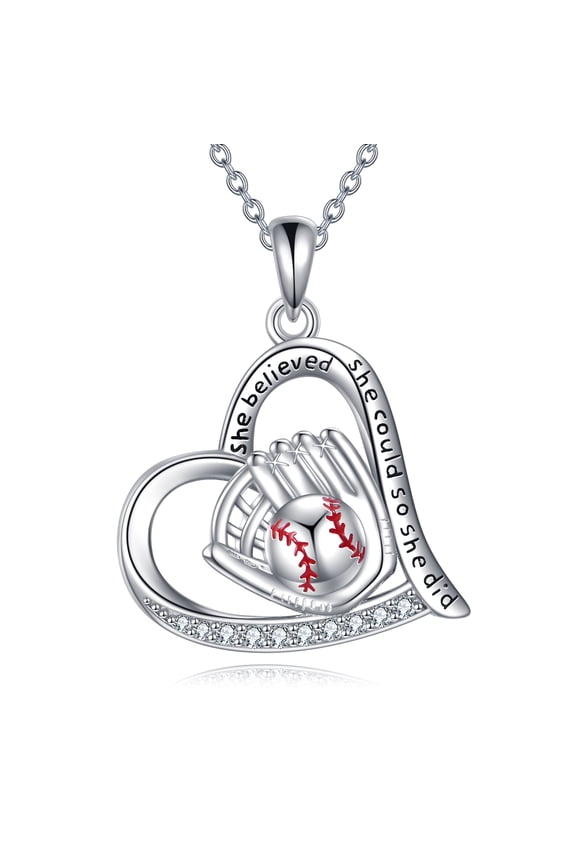 Baseball Necklace S925 Sterling Silver Baseball Pendant Necklaces for Women She Believed She Could So She Did Inspirational Sport Jewelry Gifts for Baseball Player Lover Couch