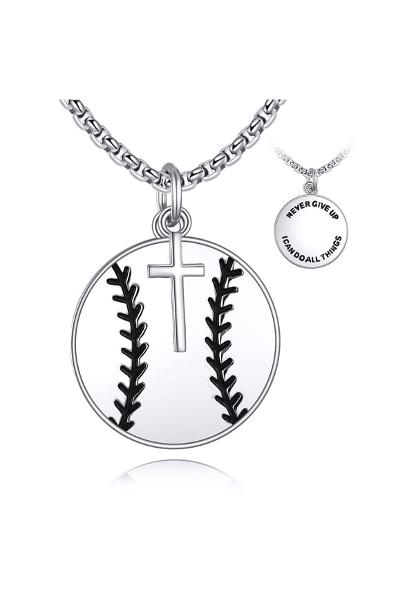 Baseball Necklace Sterling Silver Never Give Up Pendant Cross Jewelry Baseball Lover Gifts for Women Men Baseball Player