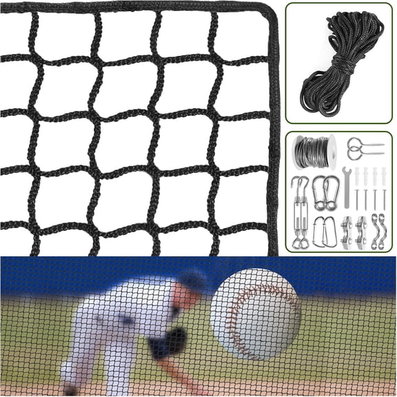 Baseball Net Netting Batting Cage Net Backstop Net - Heavy Duty Nylon Sports Netting with 33FT Rope & Steel Hanging Kit, Multiple Sizes