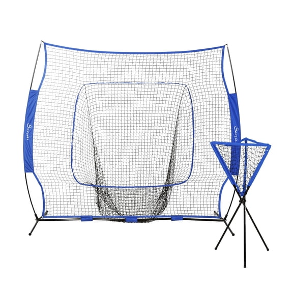 Baseball Net Set 7.5x7ft, with Ball Caddy & Tee, Portable Pitching Net for Hitting, Catching, Batting Practice - Blue