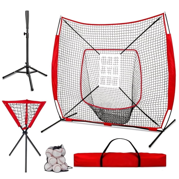 Baseball Net Set 7x7 ft Softball and Batting Net with 12 Count Baseballs, Adjustable Batting Tee & Caddy, Strike Zone, Baseball Hitting Practice Net for Adult Sport Youth Baseball Backyard