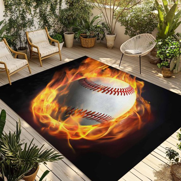 Baseball Outdoor Rug 3x5 Ft - Reversible Patio Rug Outdoor Camping Rugs, Modern Buruning Flame Sport Black Background Washable Indoor Outdoor Area Rugs, Non-Slip Outdoor Carpet Runner for Deck/Porch