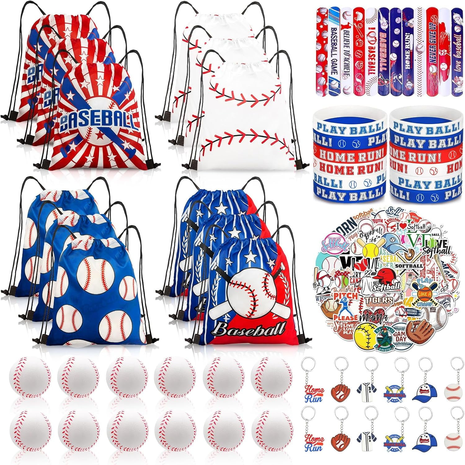 Baseball Party Favor Set, 110 Pieces With Drawstring Bags, Mini Balls, Wristbands, Slap Bracelets, Keychains And Stickers For Birthday Party Supplies