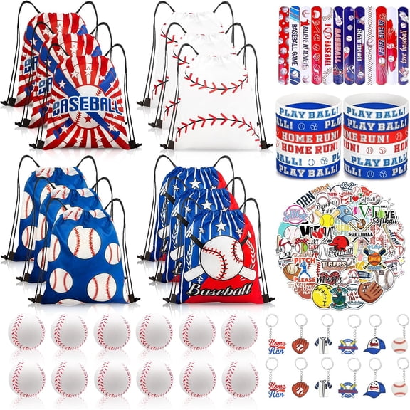 Baseball Party Favor Set, 110 Pieces With Drawstring Bags, Mini Balls, Wristbands, Slap Bracelets, Keychains And Stickers For Birthday Party Supplies