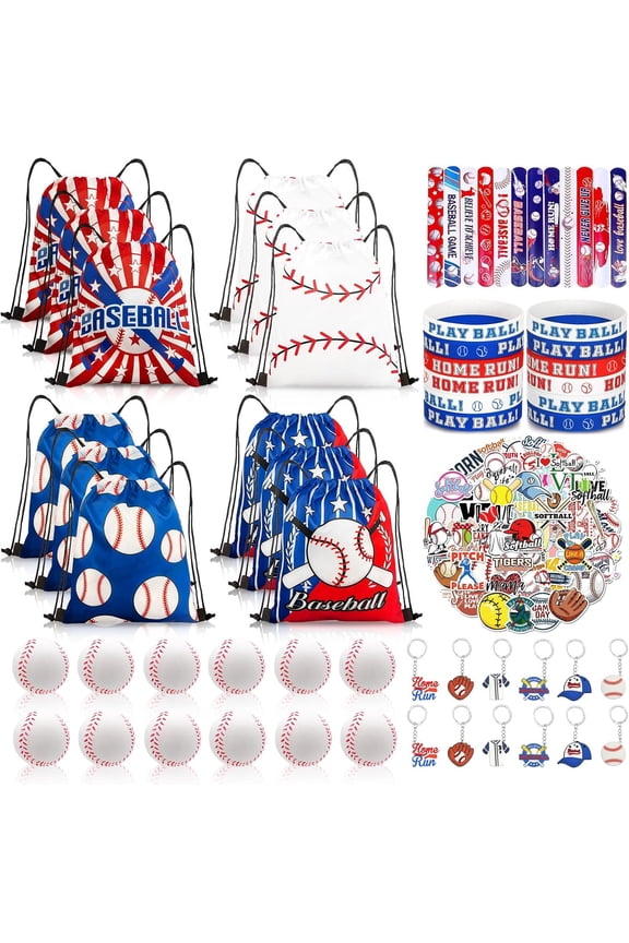 Baseball Party Favor Set, 110 Pieces With Drawstring Bags, Mini Balls, Wristbands, Slap Bracelets, Keychains And Stickers For Birthday Party Supplies