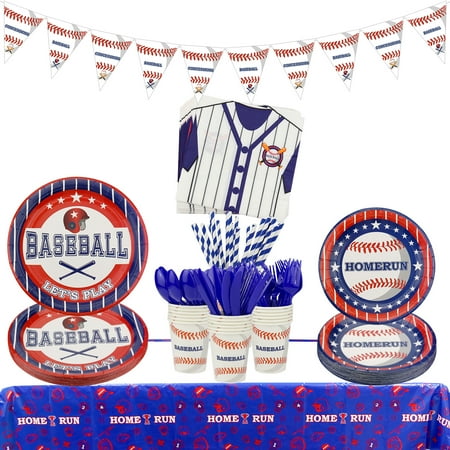 Baseball Party Supplies - Baseball Tableware Kit Including Plates, Cups, Napkins, Spoons, Knives, Forks, Tablecloth, Banner, Sports Party Pack for Kids, Baseball Fans Birthday Decor, Serves 20