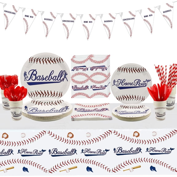 Baseball Party Supplies - Baseball Tableware Kit Including Plates, Cups, Napkins, Spoons, Tablecloth, Banner, Sports Party Pack for Kids, Baseball Fans Birthday Decor