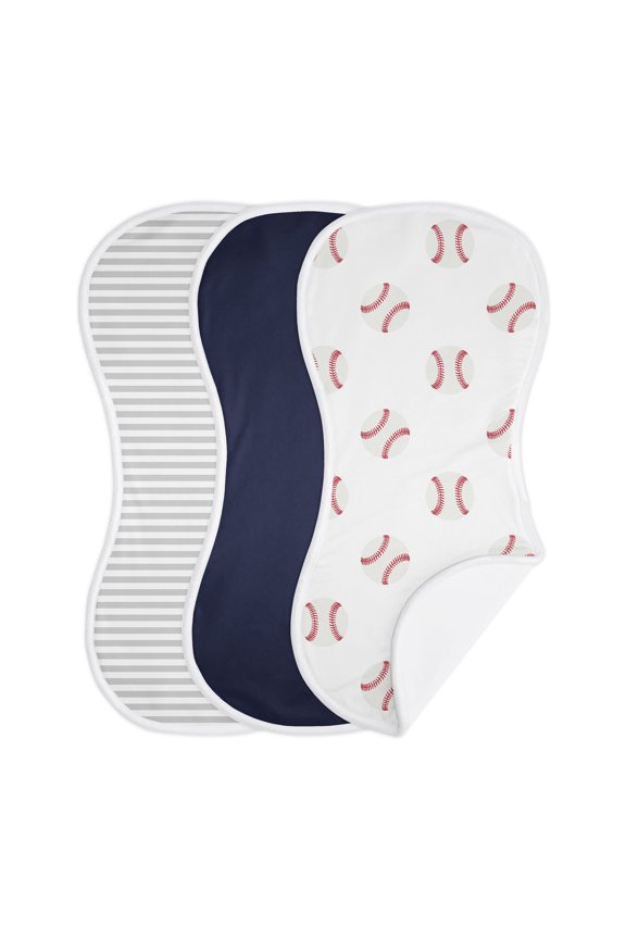 Baseball Patch White Blue and Grey Absorbent Burp Cloths 3 Piece Set