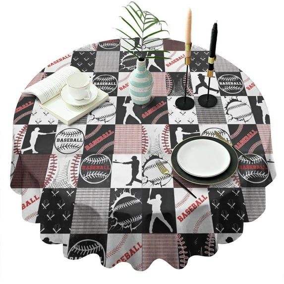 Baseball Patchwork Pattern Round Tablecloth 60"x60",Wrinkle Wipeable Table Cloth for Kitchen Dining Room Picnic Patio Party