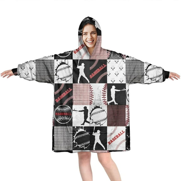 Baseball Patchwork Pattern Wearable Oversized Blanket,Wearable Blanket Hoodie for Adults,Cozy Hooded Blankets with Super Pockets,Super Warm Fuzzy Pullover for Women & Men