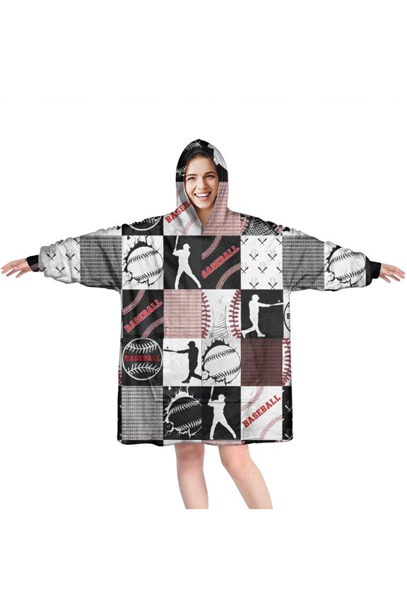 Baseball Patchwork Pattern Wearable Oversized Blanket,Wearable Blanket Hoodie for Adults,Cozy Hooded Blankets with Super Pockets,Super Warm Fuzzy Pullover for Women & Men