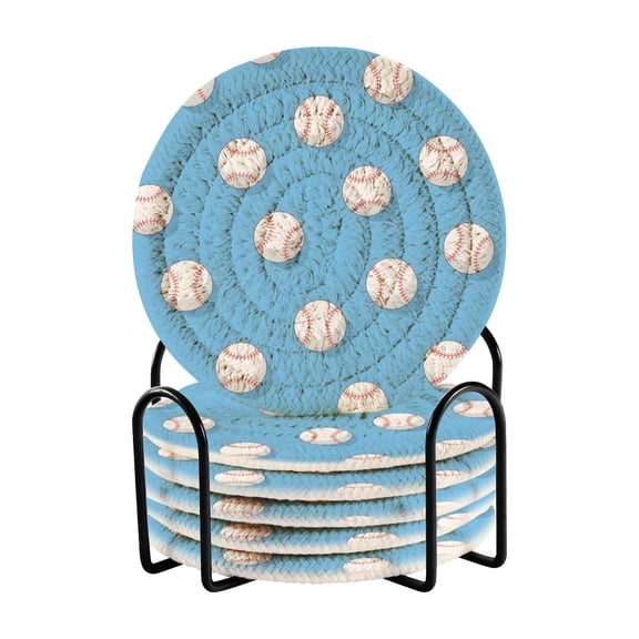 Baseball Pattern Coasters for Drinks Set of 6 with Holder Handmade Woven Rope Absorbent Heat Resistant 4 Inch