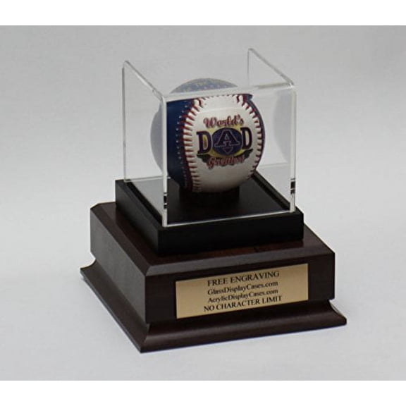 Baseball Personalized Acrylic Display Case with Custom Ball Stand and Cherry Finish Wood Platform Base - Free No Limit Engraving